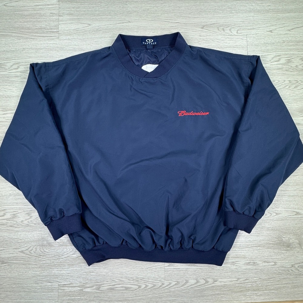 Vantage Men's Windbreaker Pullover Budweiser Bud Light Navy Blue Large V-Neck